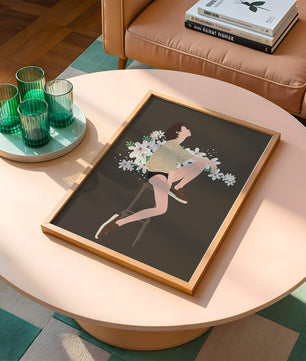 Illustration of a woman sitting on a stool surrounded by flowers
