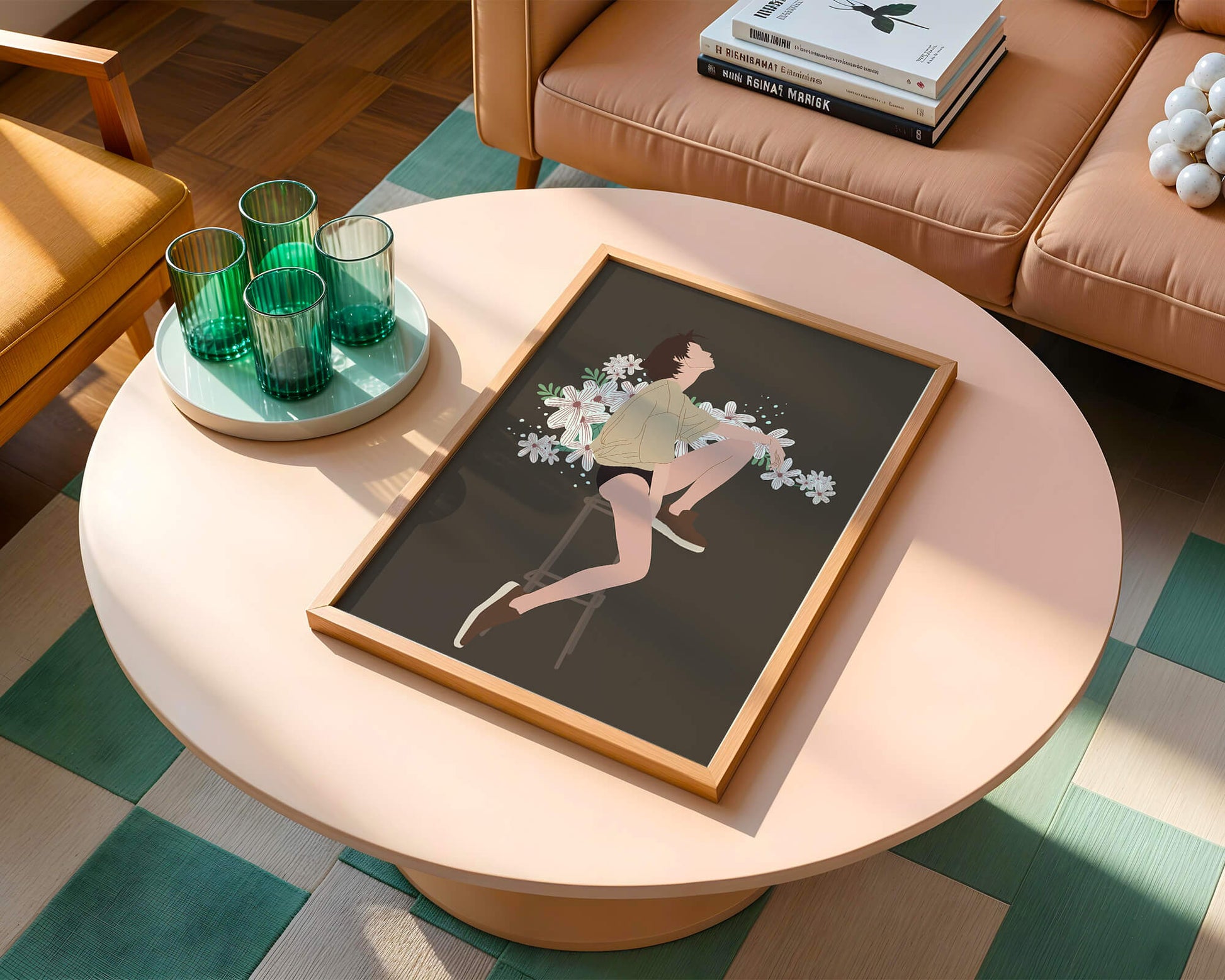 Illustration of a woman sitting on a stool surrounded by flowers