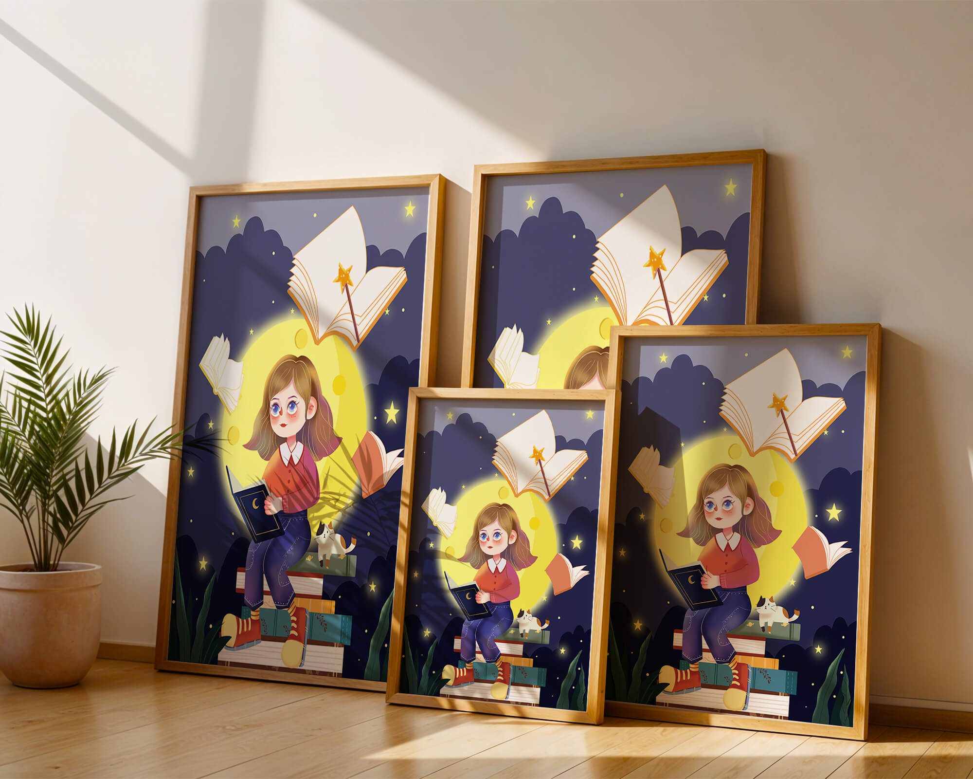 Illustration of a girl reading books under a starry night sky