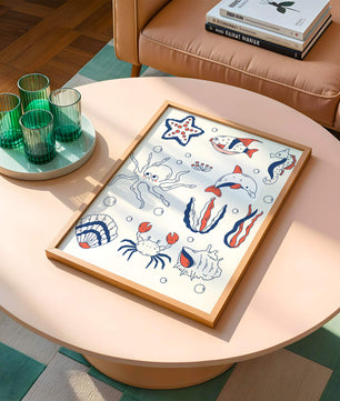 Colorful marine life illustration featuring sea creatures on a dark background