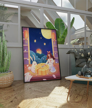 Moonlit Night with Lanterns and Tea Ceremony Featuring Rabbits and Mooncakes
