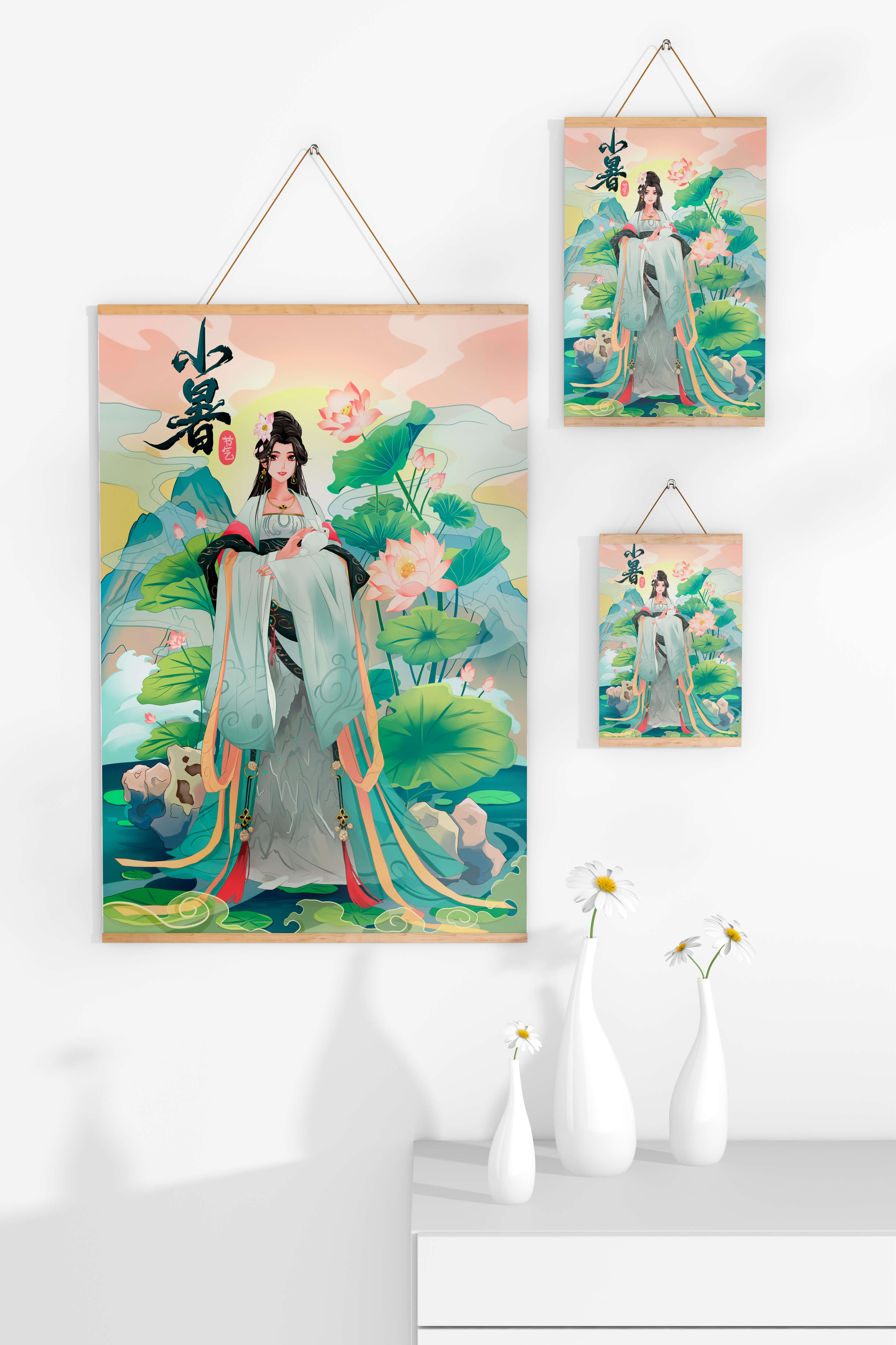 Elegant woman in traditional attire with lotus flowers and serene backdrop