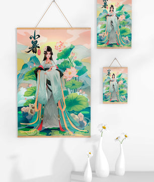 Elegant woman in traditional attire with lotus flowers and serene backdrop