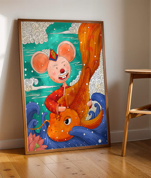Whimsical illustration of a mouse riding a golden fish in a vibrant fantasy setting
