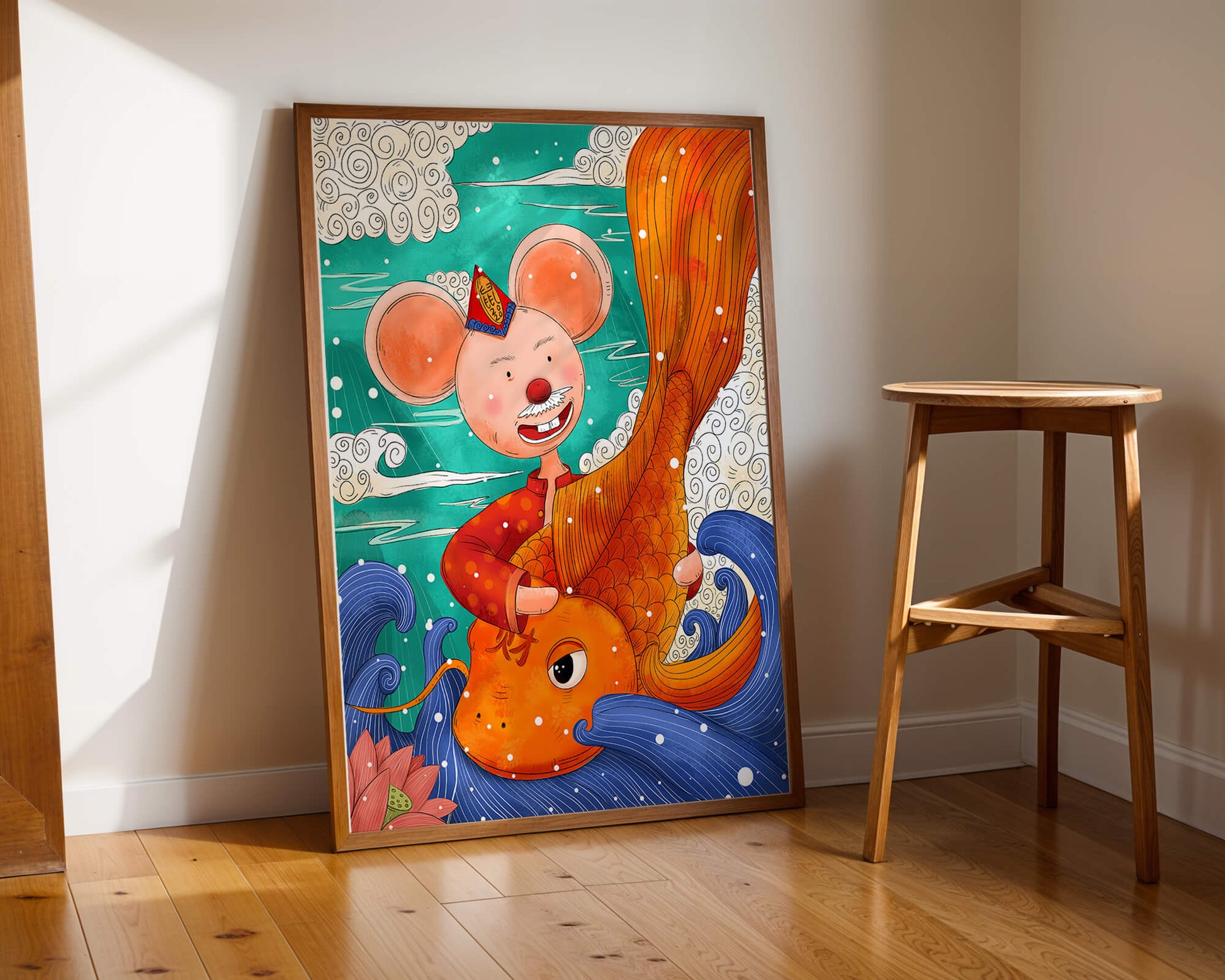Whimsical illustration of a mouse riding a golden fish in a vibrant fantasy setting