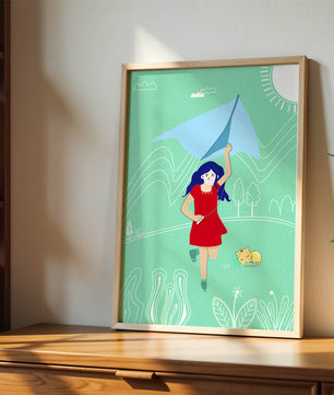 Illustration d'une fille avec un cerf-volant dans un paysage fantaisiste