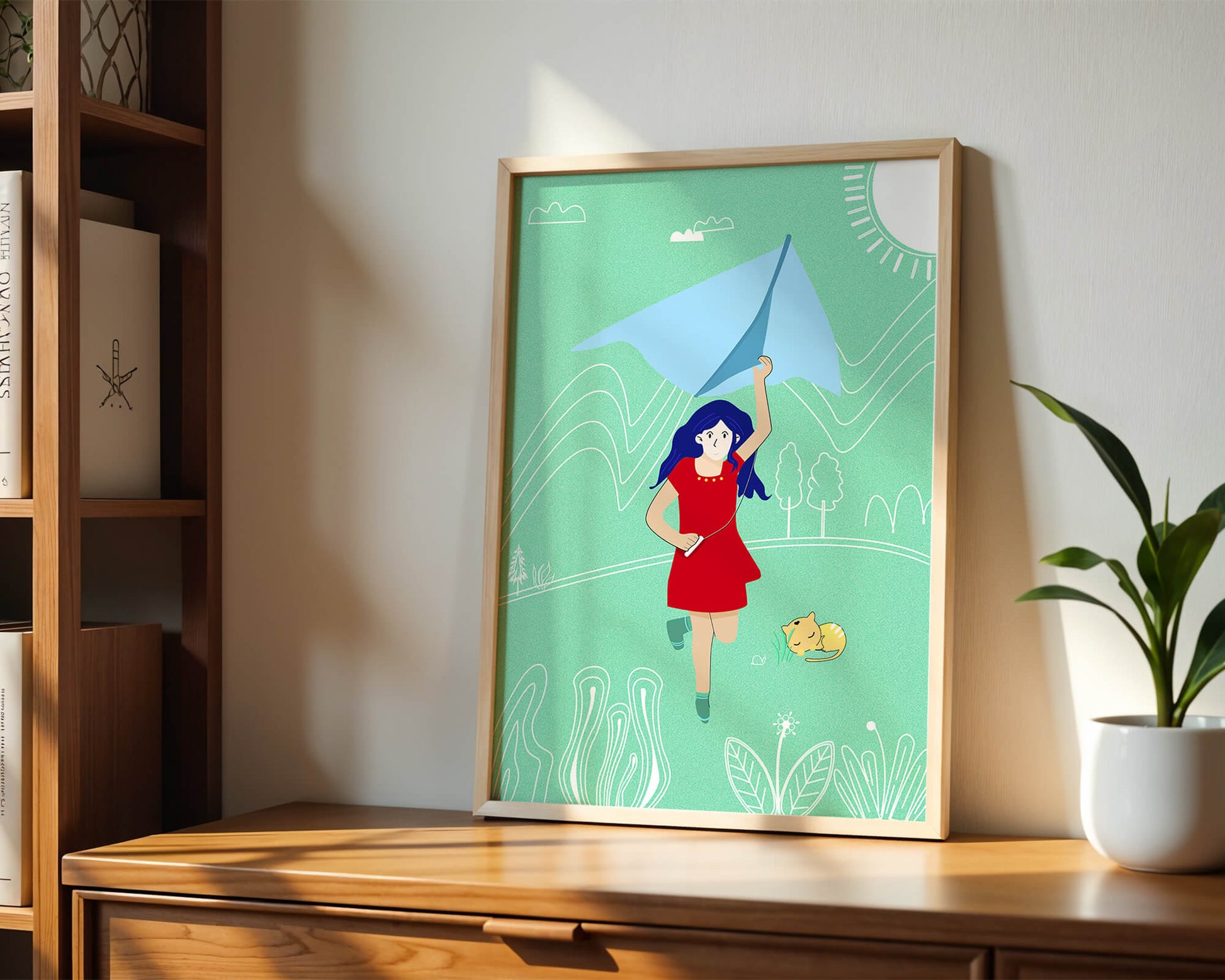 Illustration of a girl with a kite in a whimsical landscape