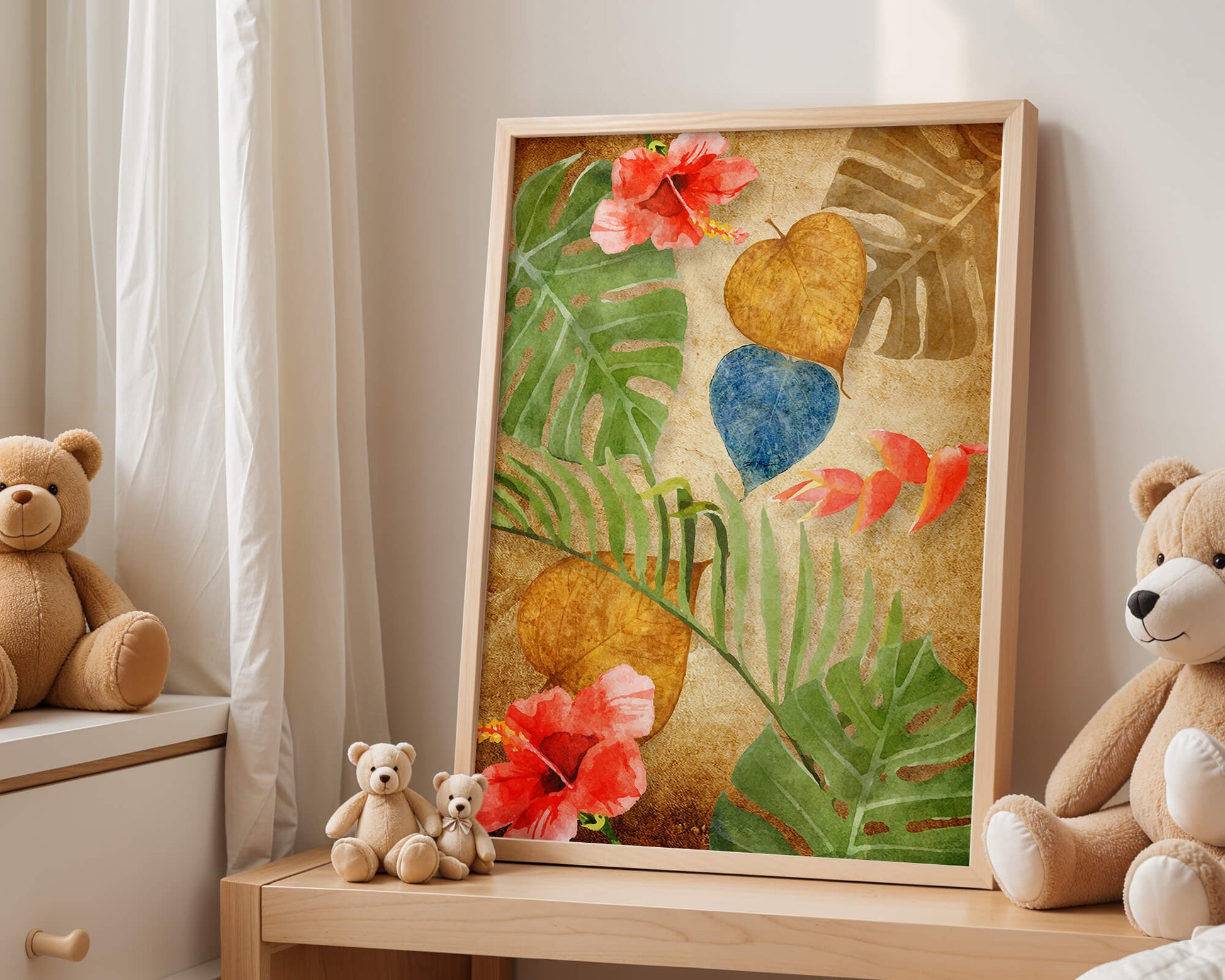 Vibrant tropical leaves and flowers watercolor design