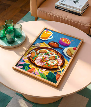 Escena ilustrativa de desayuno colorida con pasta y bebidas