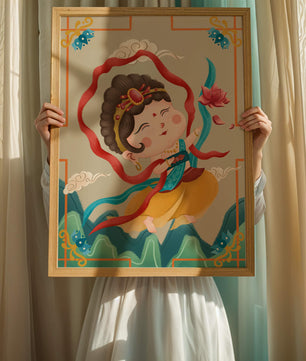 Whimsical illustration of a joyful child deity with lotus and clouds