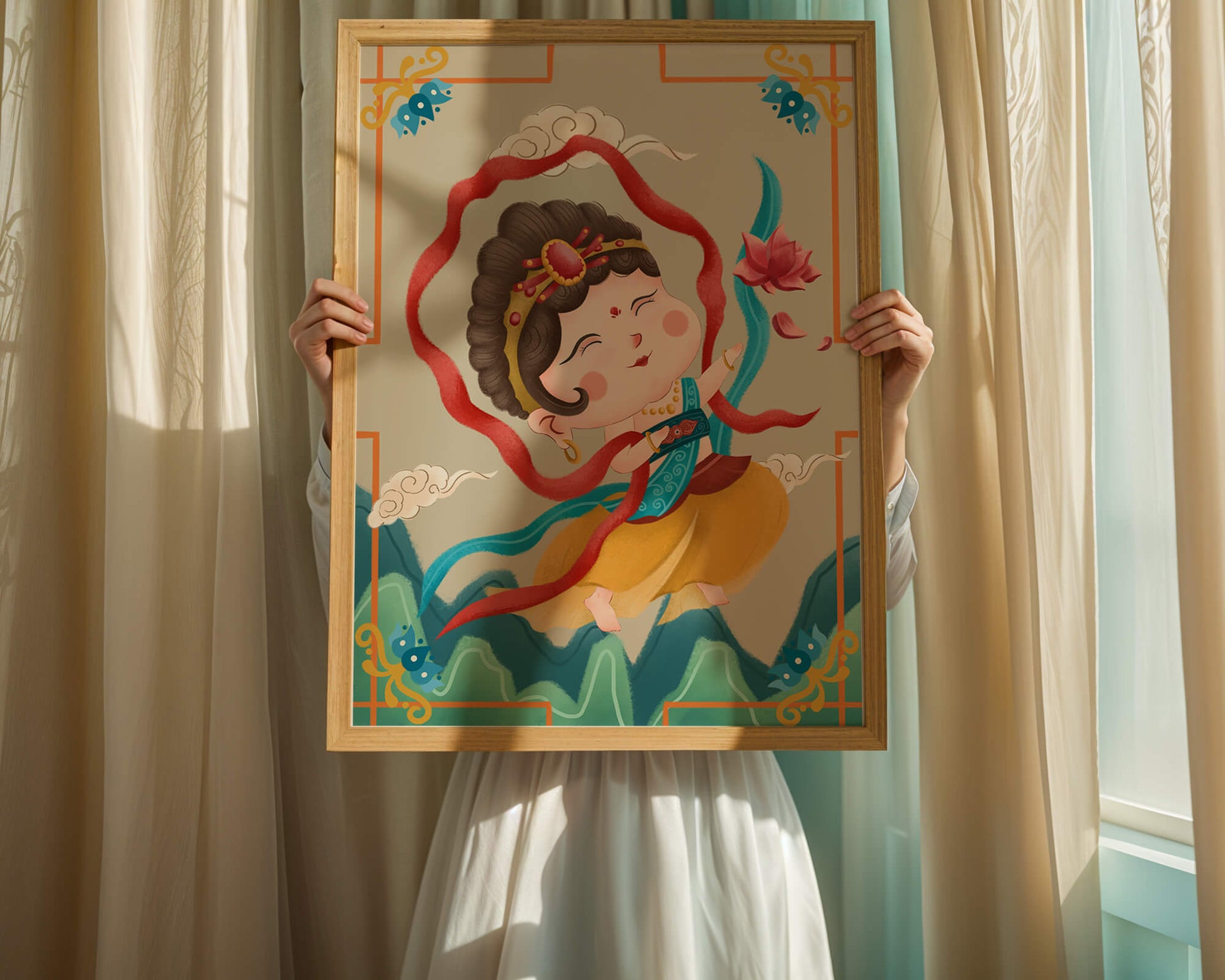 Whimsical illustration of a joyful child deity with lotus and clouds