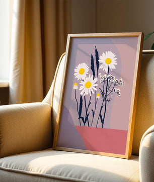 Illustrative floral artwork with daisies and abstract background