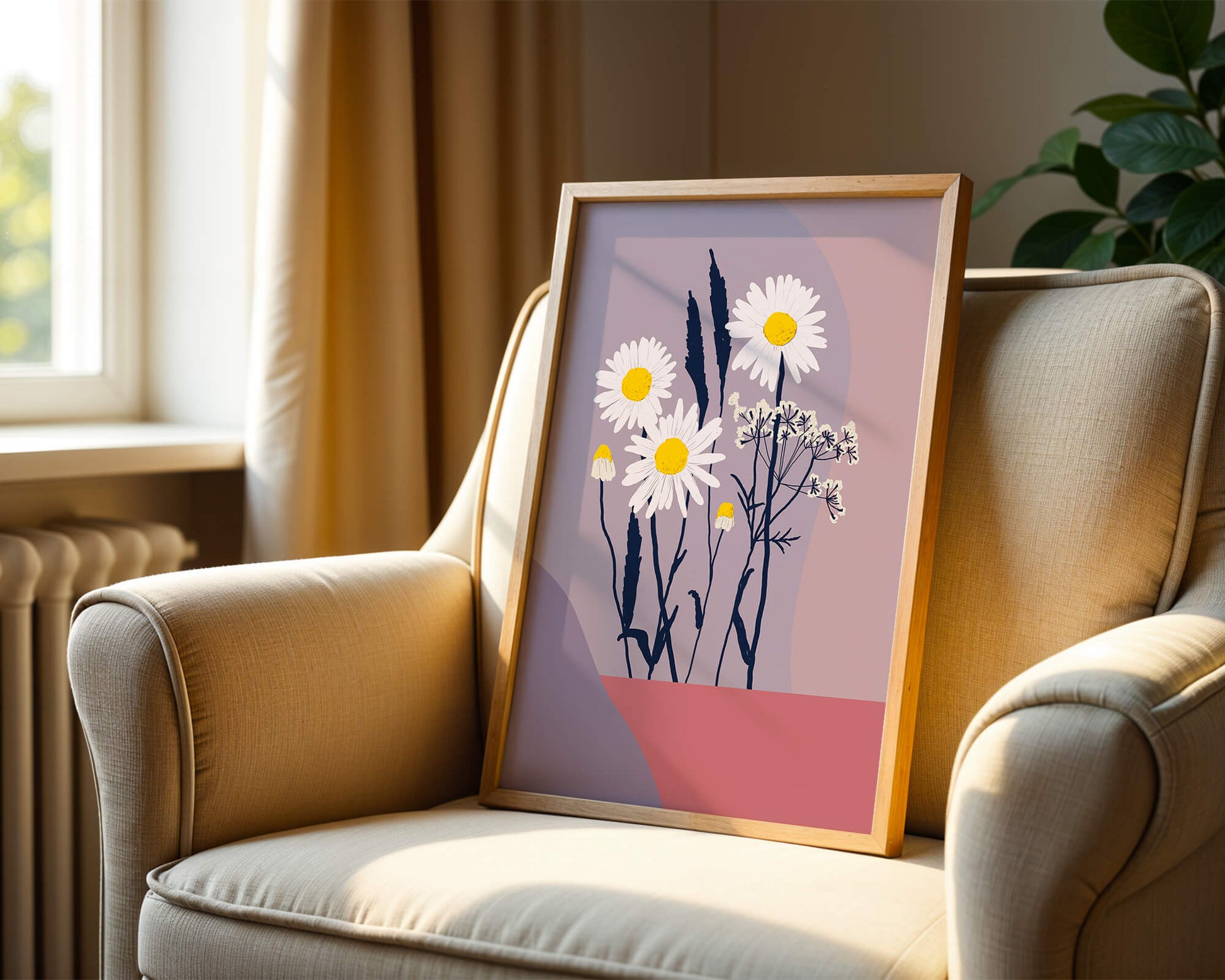 Illustrative floral artwork with daisies and abstract background