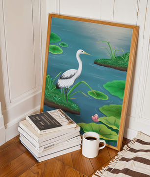Serene wetland scene with white crane and water lilies