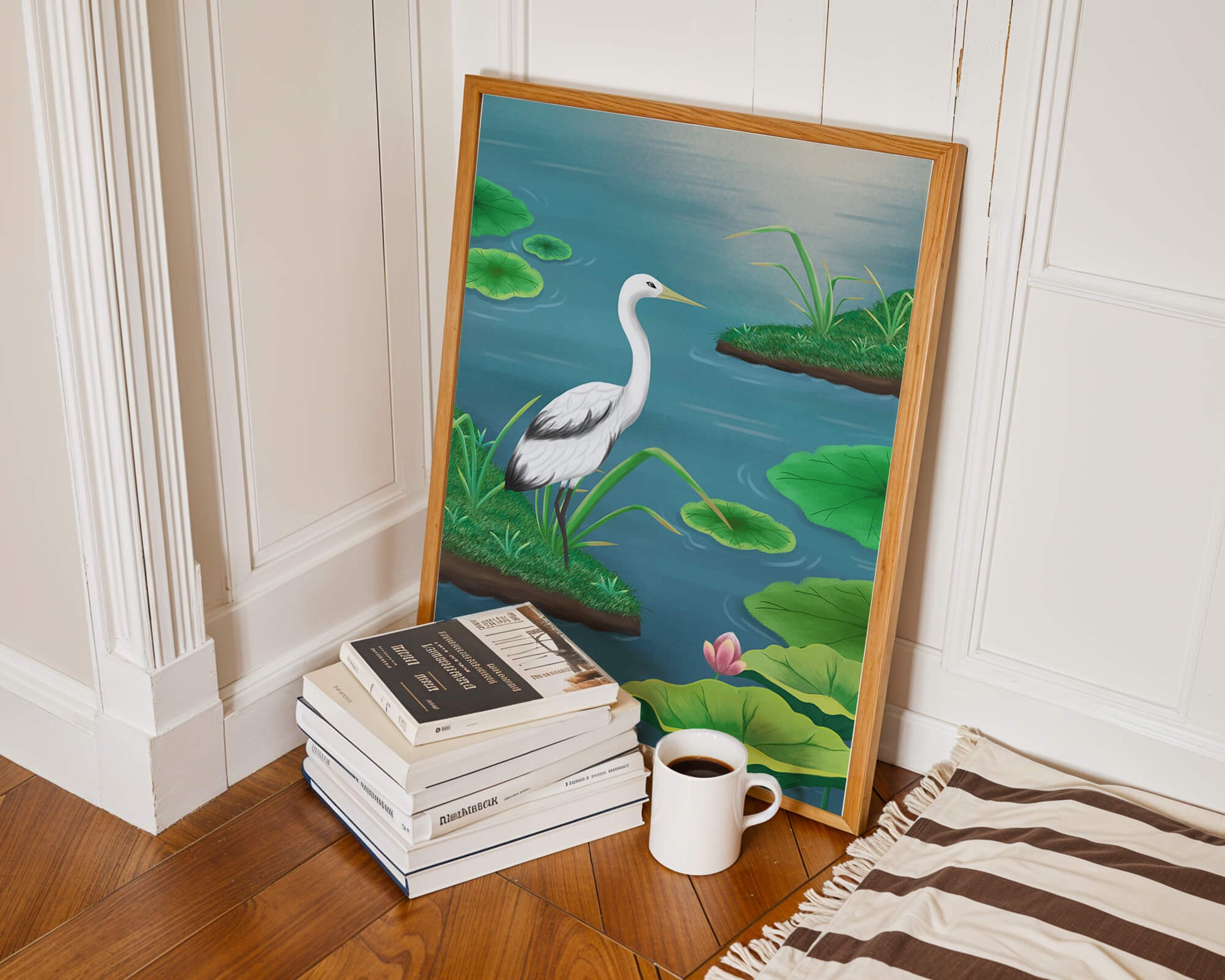 Serene wetland scene with white crane and water lilies