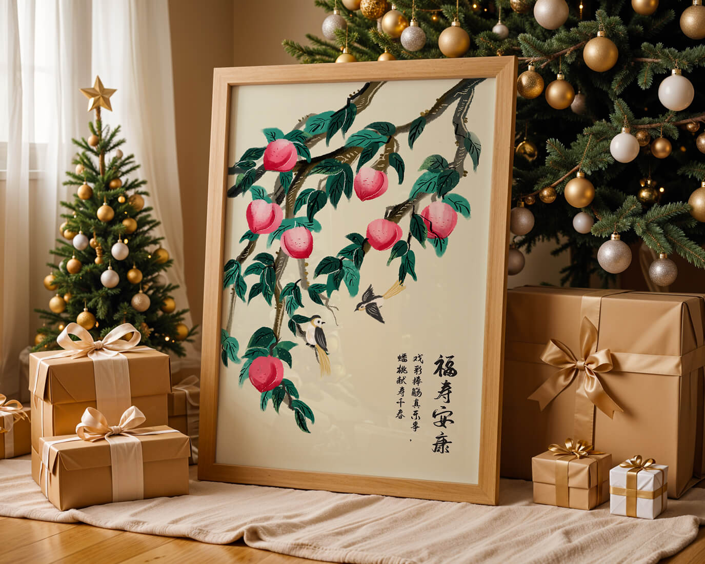 Delicate illustration of peach tree with birds and calligraphy