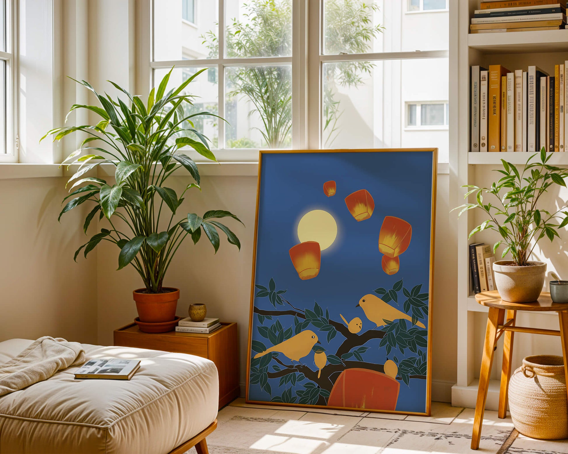 Lanterns and Birds Under the Night Sky