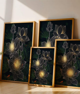 Lotus Flowers with Glowing Accents and Koi Fish Underwater