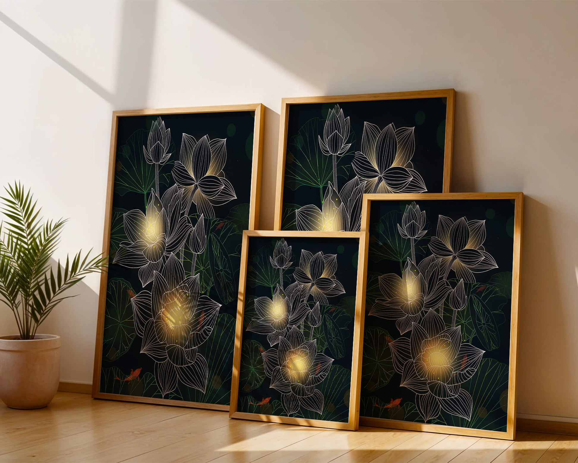 Flores de loto con detalles luminosos y peces koi bajo el agua
