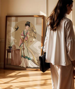 Elegante traditionelle asiatische Dame in klassischer Kleidung mit Naturelementen
