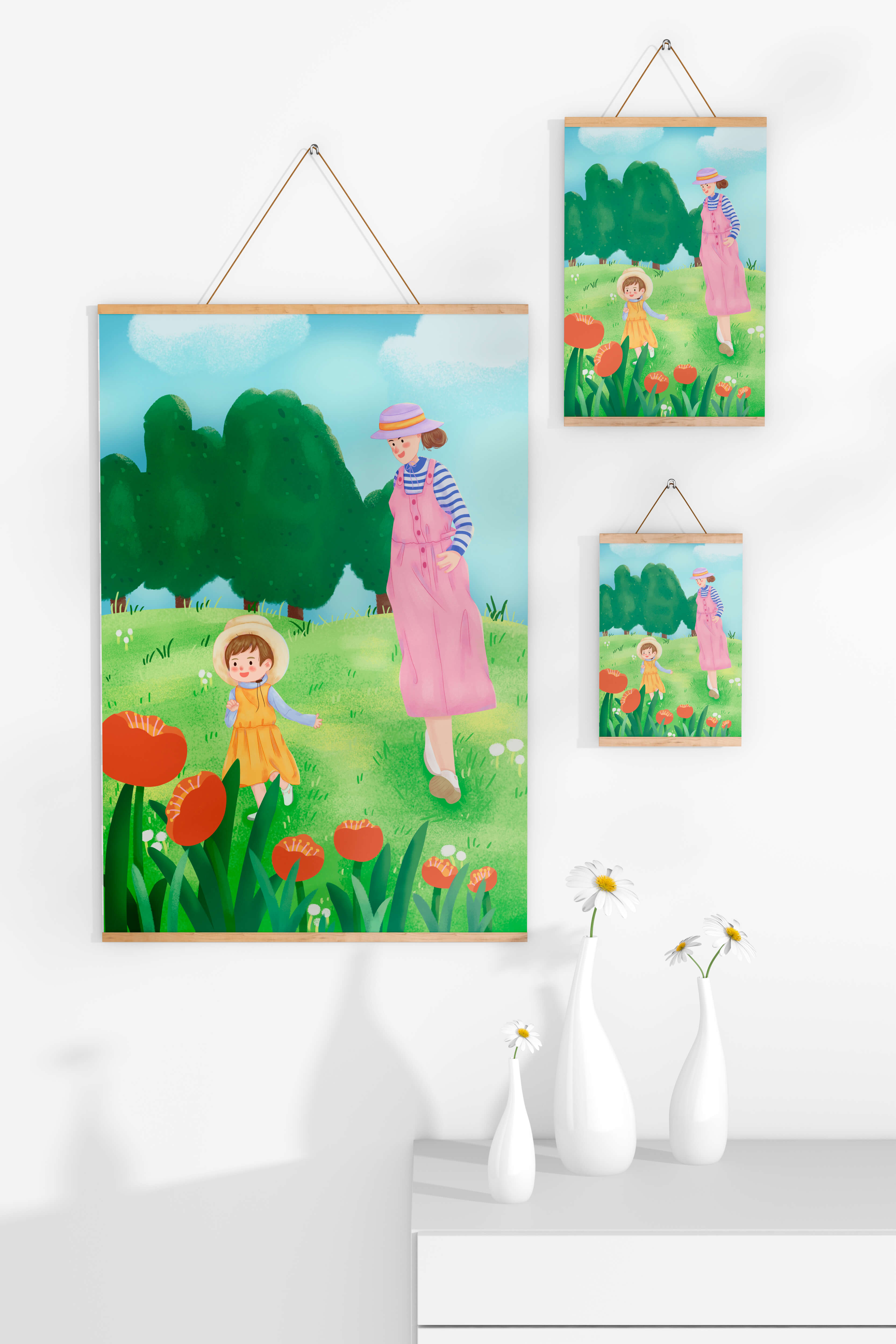 Mother and child in a floral garden under clear skies