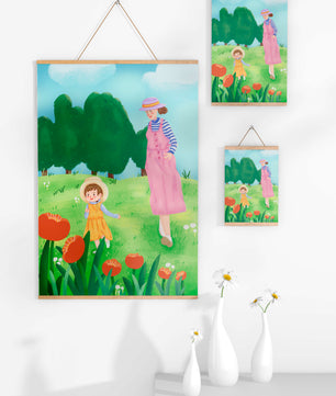 Mother and child in a floral garden under clear skies