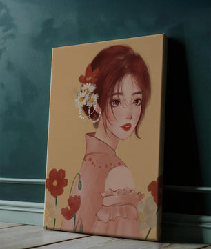 Portrait élégant d'une femme avec des ornements floraux et une expression douce