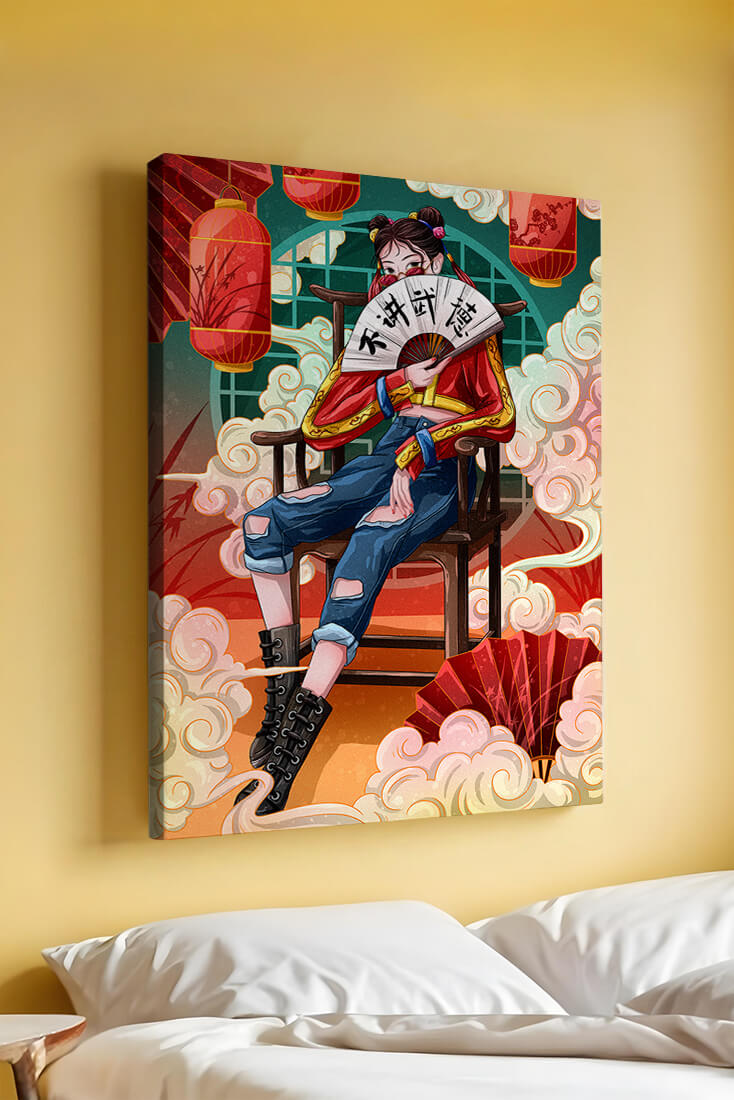 Female character with fan in colorful oriental setting