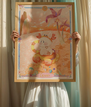Charming Zodiac Cancer Illustration with Cartoon Bunny on a Beach
