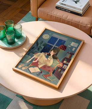 Cozy Nighttime Reading in a Living Room with Moonlit Window