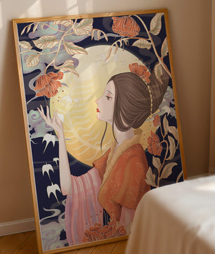Illustration élégante d'une femme avec des éléments floraux sous la lumière de la lune