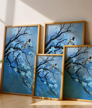 Blue Blossoms on Branch with Bird in Winter Scene