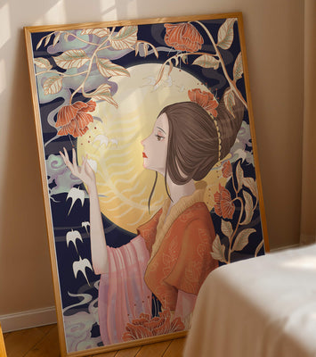 Elegant illustration of a woman with floral elements under the moonlight