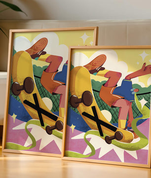 Ilustración abstracta colorida con un skater en movimiento dinámico