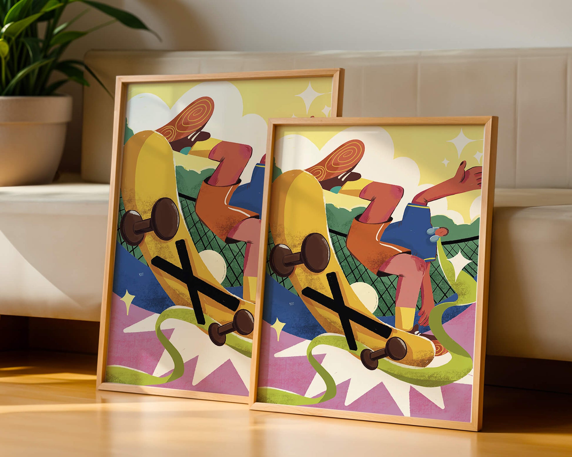 Ilustración abstracta colorida con un skater en movimiento dinámico