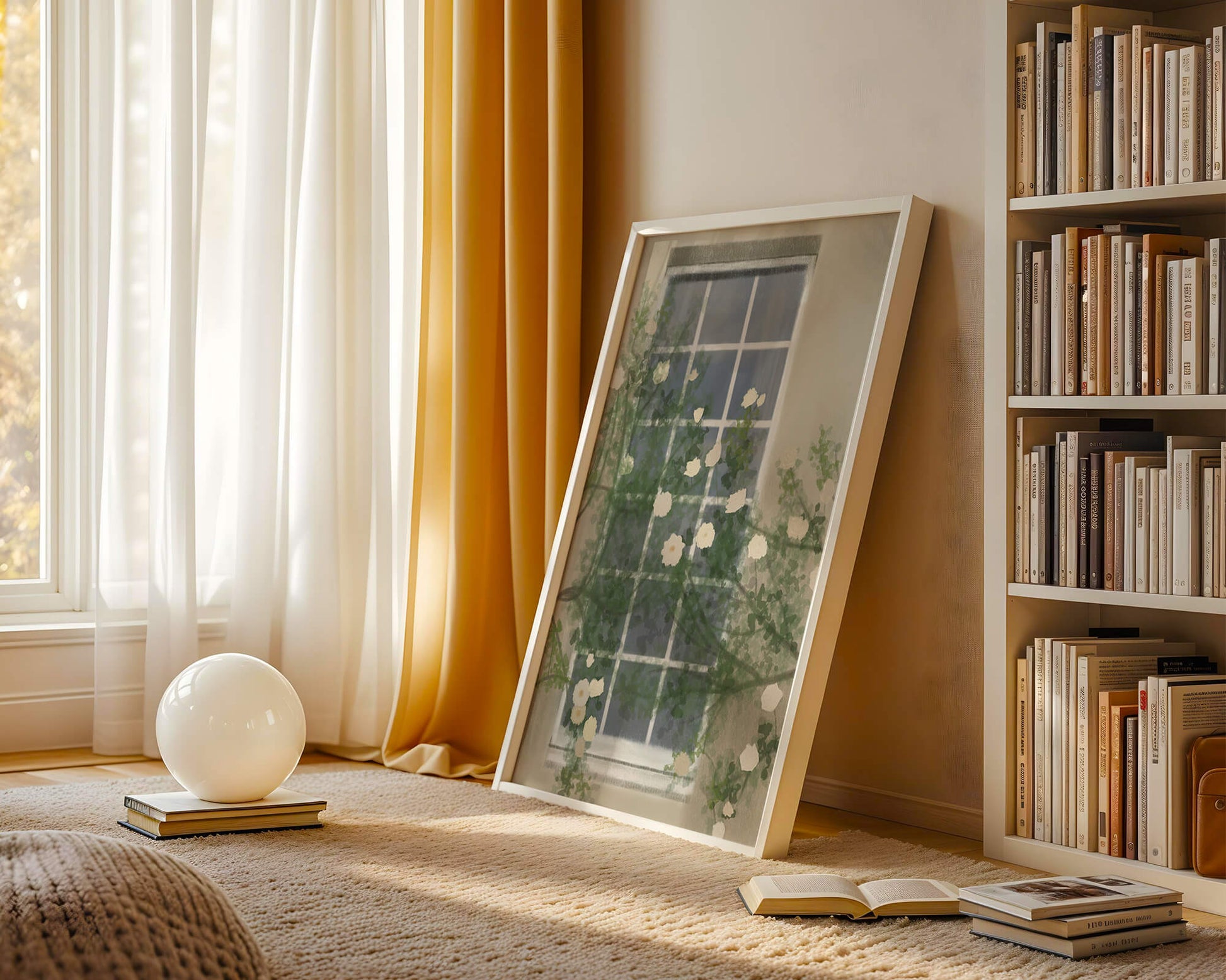 Floral Window with Climbing Roses in a Tranquil Setting