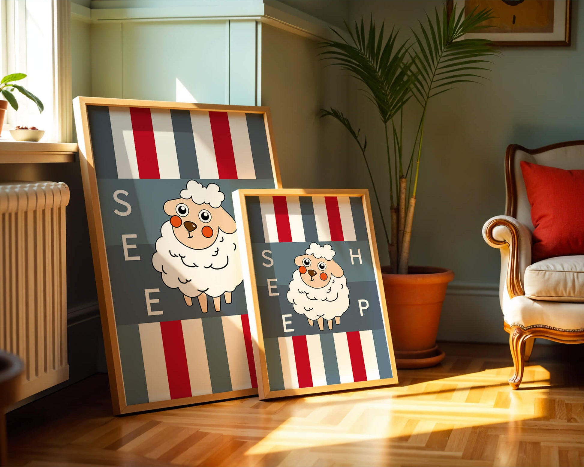 Playful sheep illustration on striped background