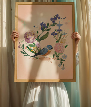 Delightful illustration of a bird amidst colorful flowers on a soft pink background