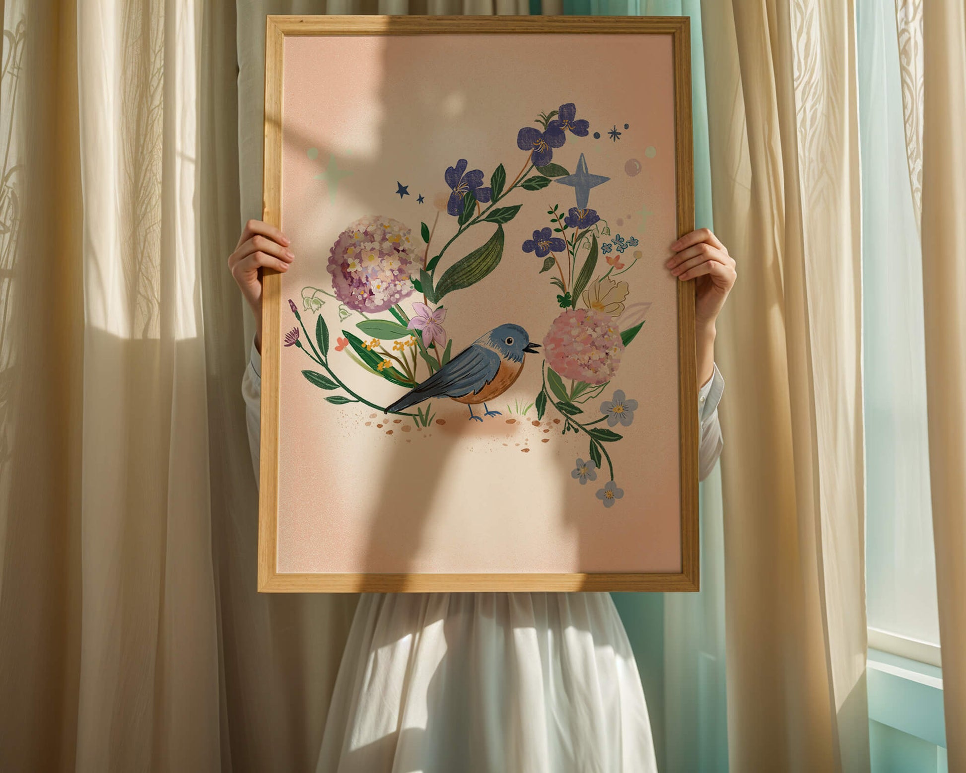 Delightful illustration of a bird amidst colorful flowers on a soft pink background