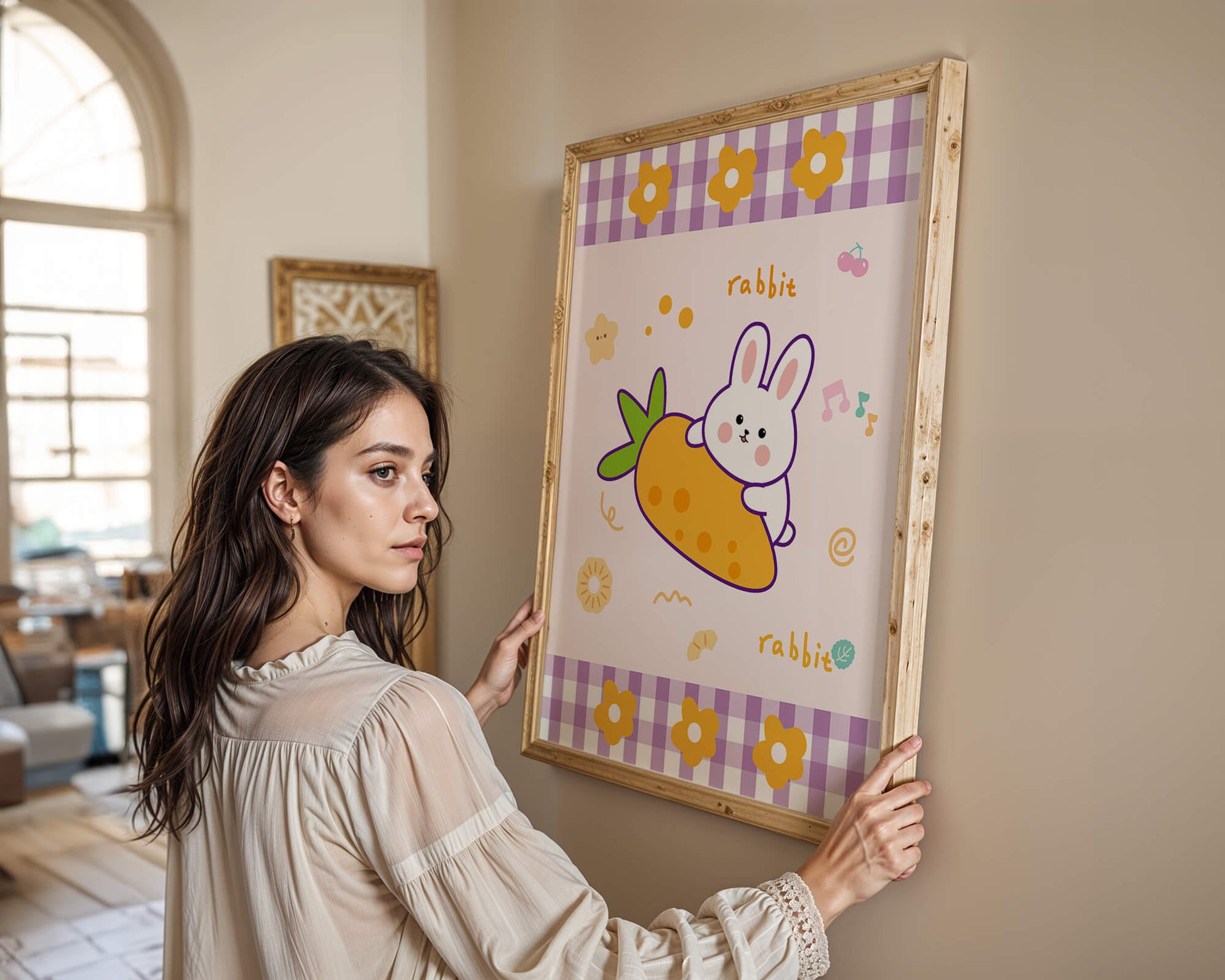 Illustrated cute rabbit with carrot on a colorful background