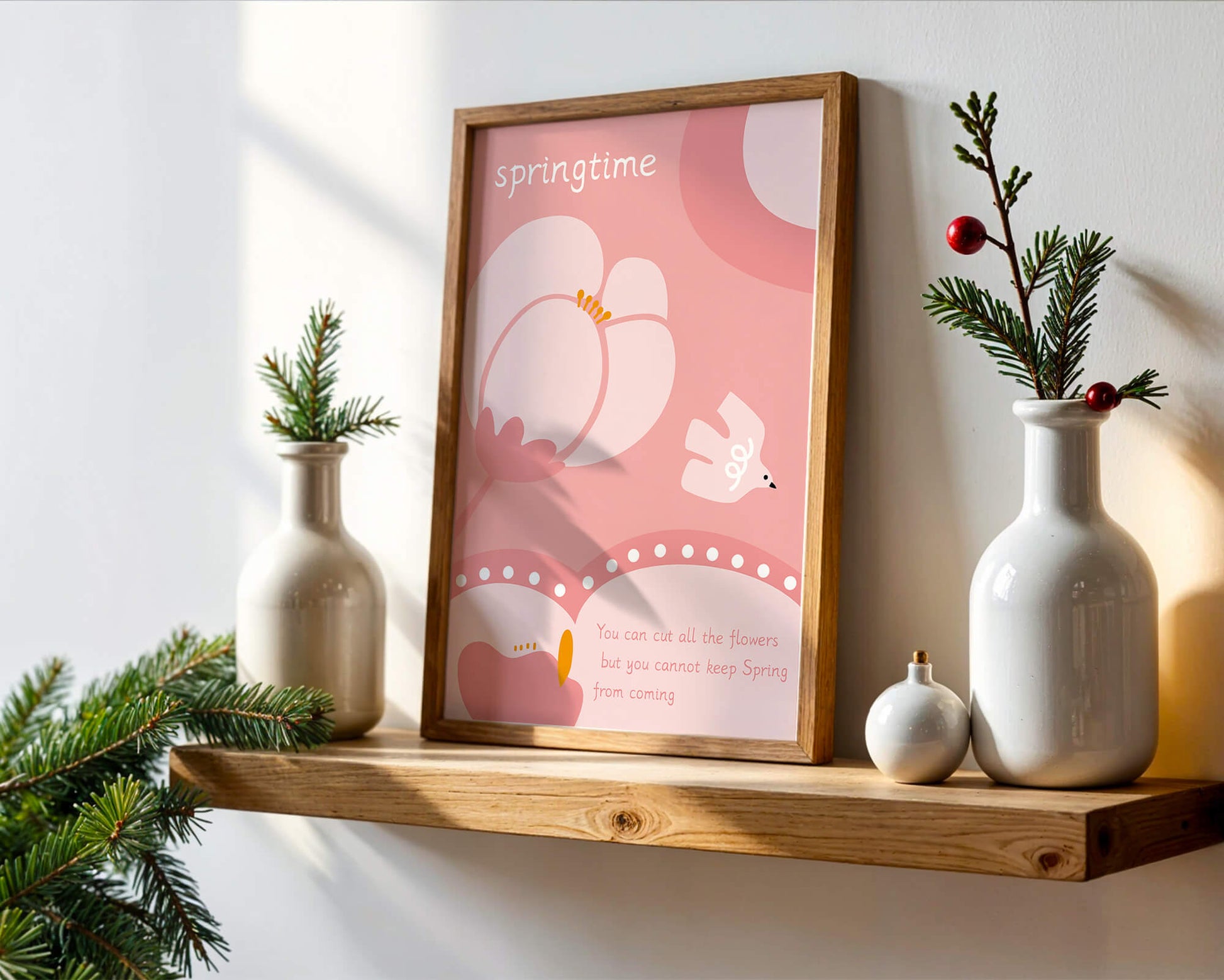 Springtime illustration with flowers and bird on pink background