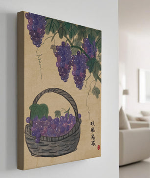 Basket Of Grapes With Vine Leaves In Traditional Style