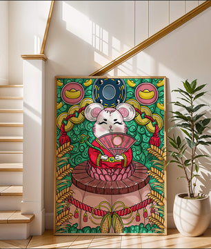 Ratón decorativo encantador con elementos asiáticos y monedas sobre un fondo vibrante