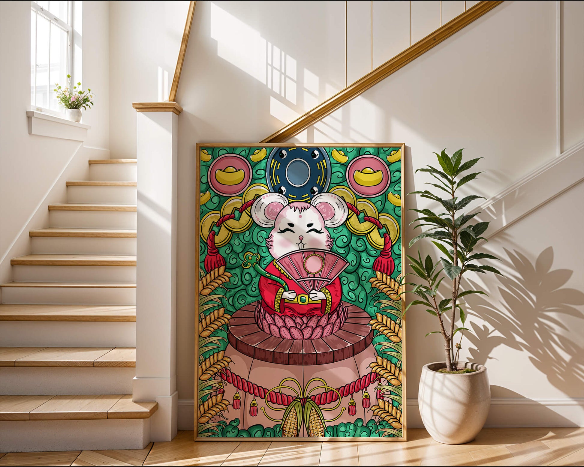 Encantador ratón decorativo con elementos asiáticos y monedas sobre un fondo vibrante.