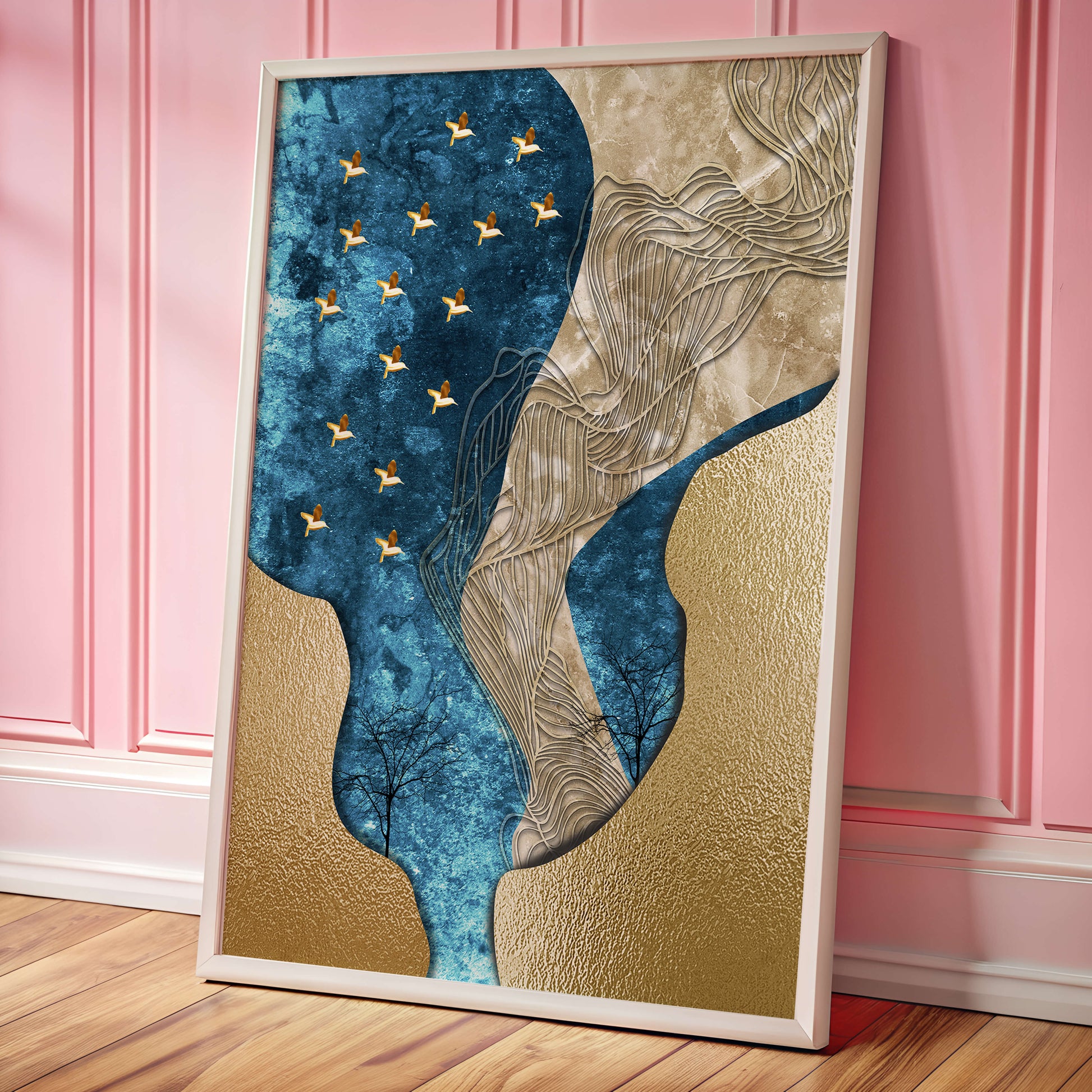 Abstract Textured Landscape with Gold and Blue Elements