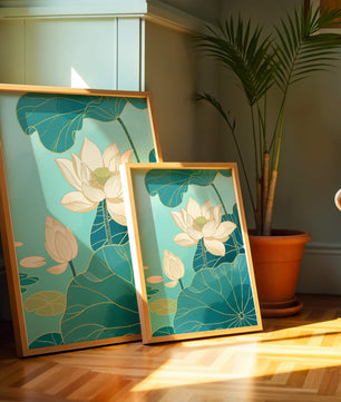 Lotus Flowers with Golden Accents on Aqua Background
