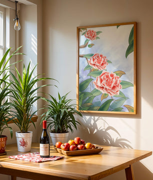 Illustrated pink carnations with green leaves in serene botanical art