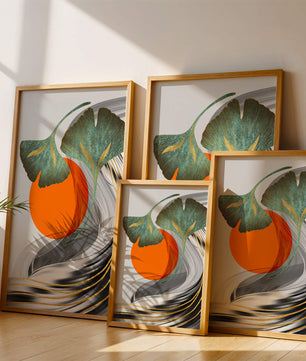 Hojas de Ginkgo abstractas con círculo naranja y ondas plateadas