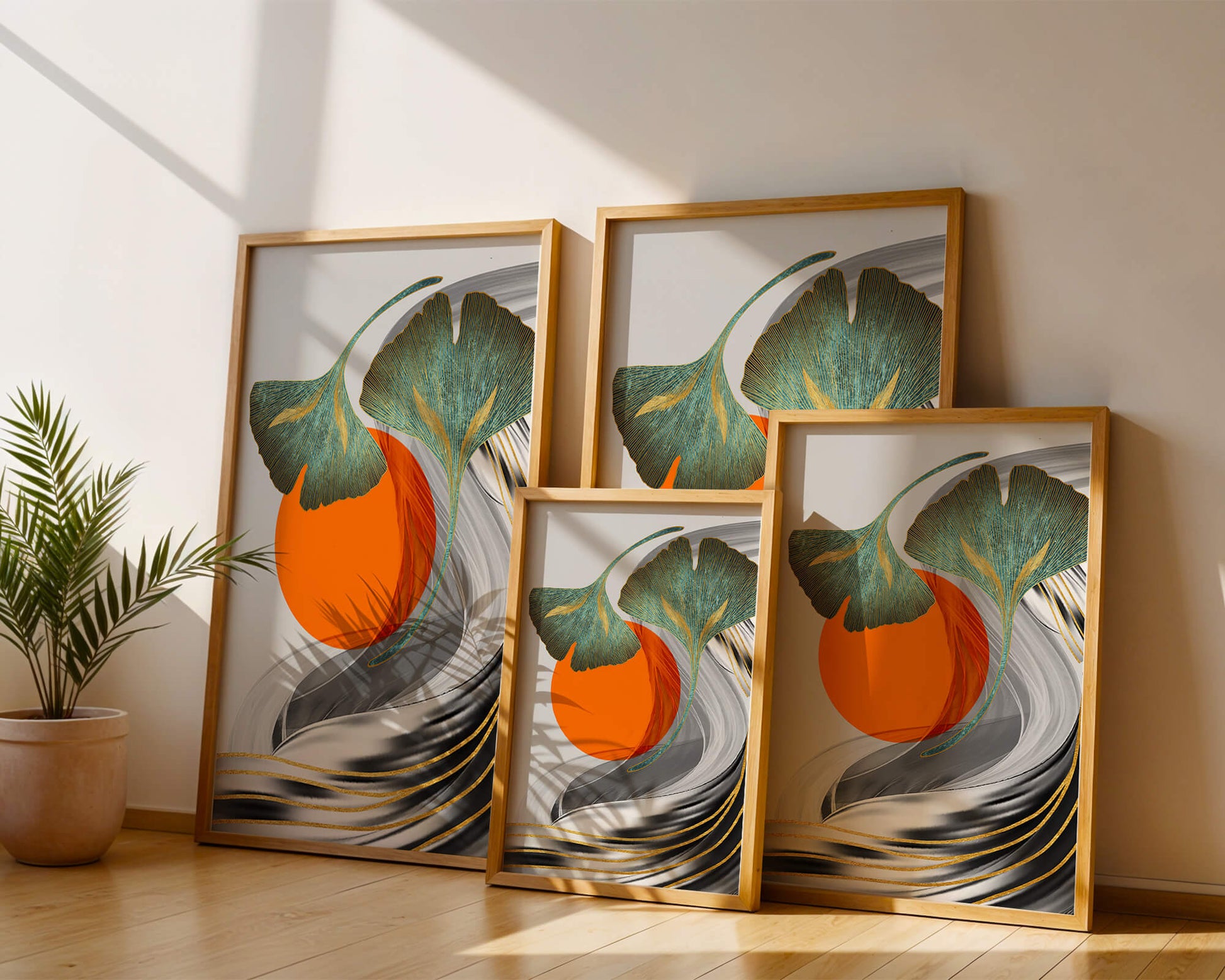 Hojas de Ginkgo abstractas con círculo naranja y ondas plateadas