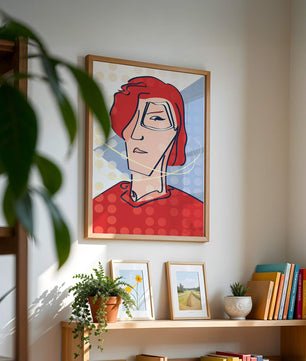 Abstract portrait with red hair and dotted background